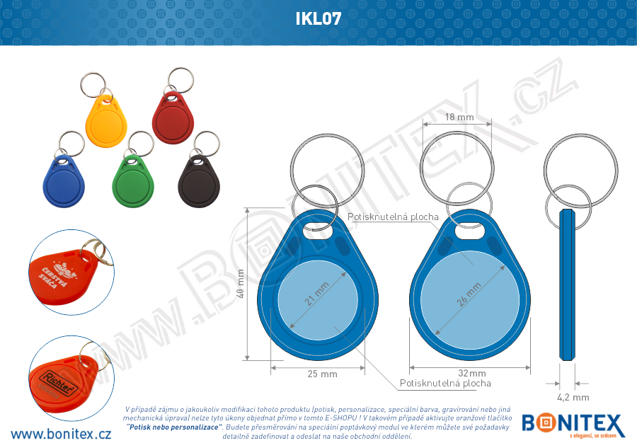 Klíčenka-ABS-40x32-tl.4,2mm-s RFID-13,56 MHz-modrá, čip: NXP-Mifare Ultralight C- bonitex 