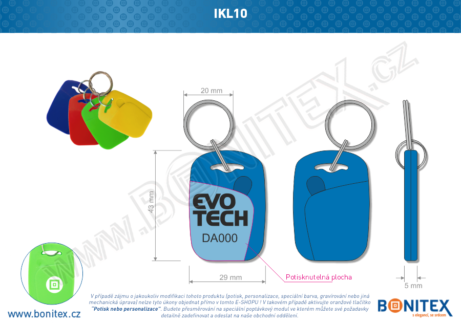 Klíčenka-ABS-44x30-tl.4,2mm-s RFID-DUO (13,56M+125k)-modrá, čip: NXP-Mifare... - bonitex  