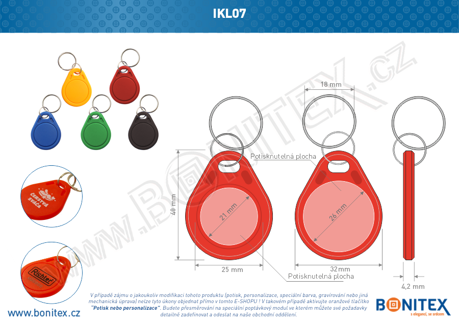 Klíčenka-ABS-40x32-tl.4,2mm-s RFID-13,56 MHz-červená, čip: NXP-NTAG213 - bonitex   