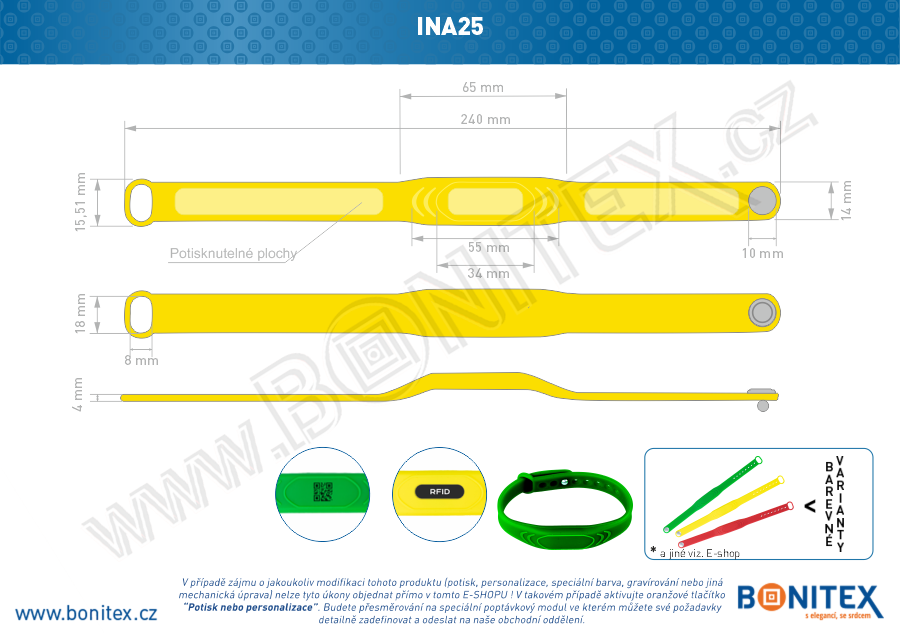 Náramek-silikon-242x13/17mm,kovový knoflík-s  RFID-125 kHz-žlutý, čip: EM4102. - bonitex  