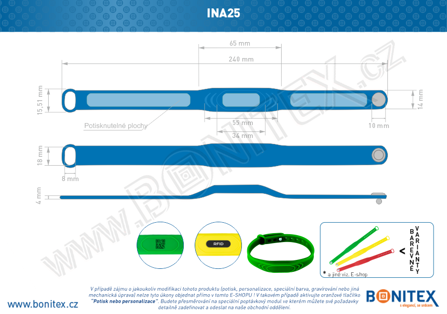 Náramek-silikon-242x13/17,kovový knoflík-s  RFID-13,56 MH-modrý, čip... - bonitex  