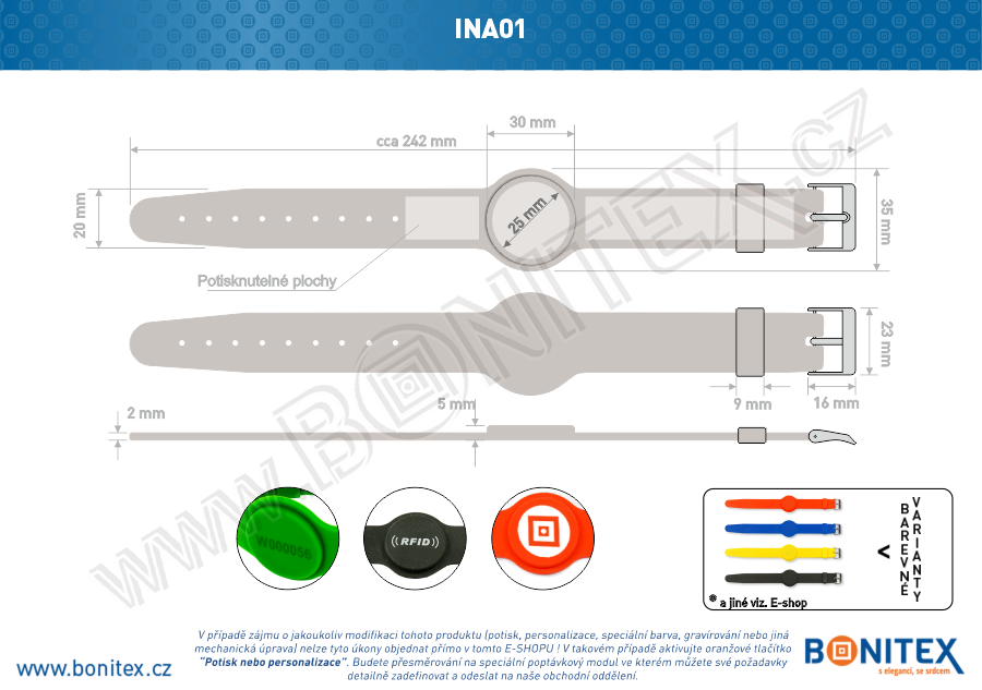 Náramek-silikon-242x20/35mm,kov.spona-s RFID-13,56 MHz-bílý, čip: NXP-Mifare... -bonitex 