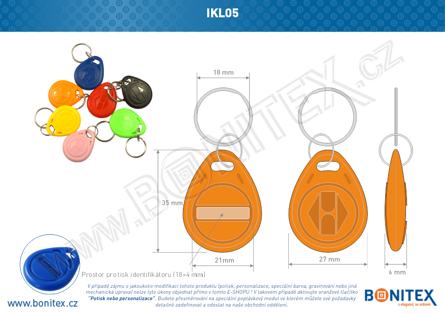 Klíčenka-ABS-35x28-tl.6mm-s RFID-125 kHz-oranžová+UID DEC-5B, čip: EM4102. - bonitex  