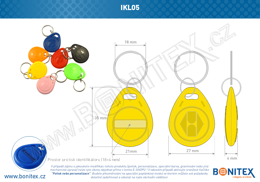 Klíčenka-ABS-35x28-tl.6mm-s RFID-125 kHz-žlutá+UID HEX-5B - bonitex.cz .