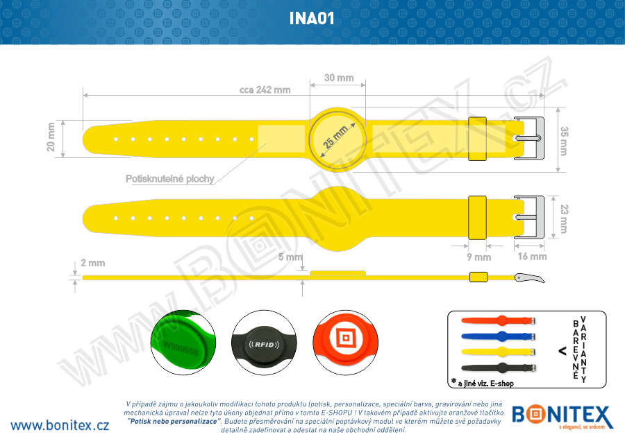 Náramek-silikon-242x20/35mm,kov.spona-s RFID-125kHz-žlutý - bonitex  