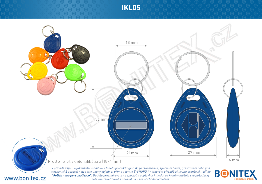 Klíčenka-ABS-35x28-tl.6mm-s RFID-13,56 MHz-modrá, čip: NXP-Mifare S50(1k)-4b. - bonitex   